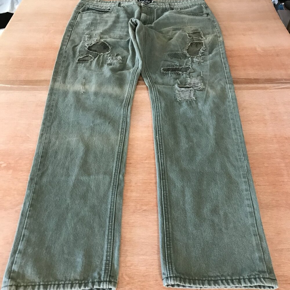 Born Fly Jeans Men 38x32 Green Mid Rise Distressed Straight Stretch Grunge 16730